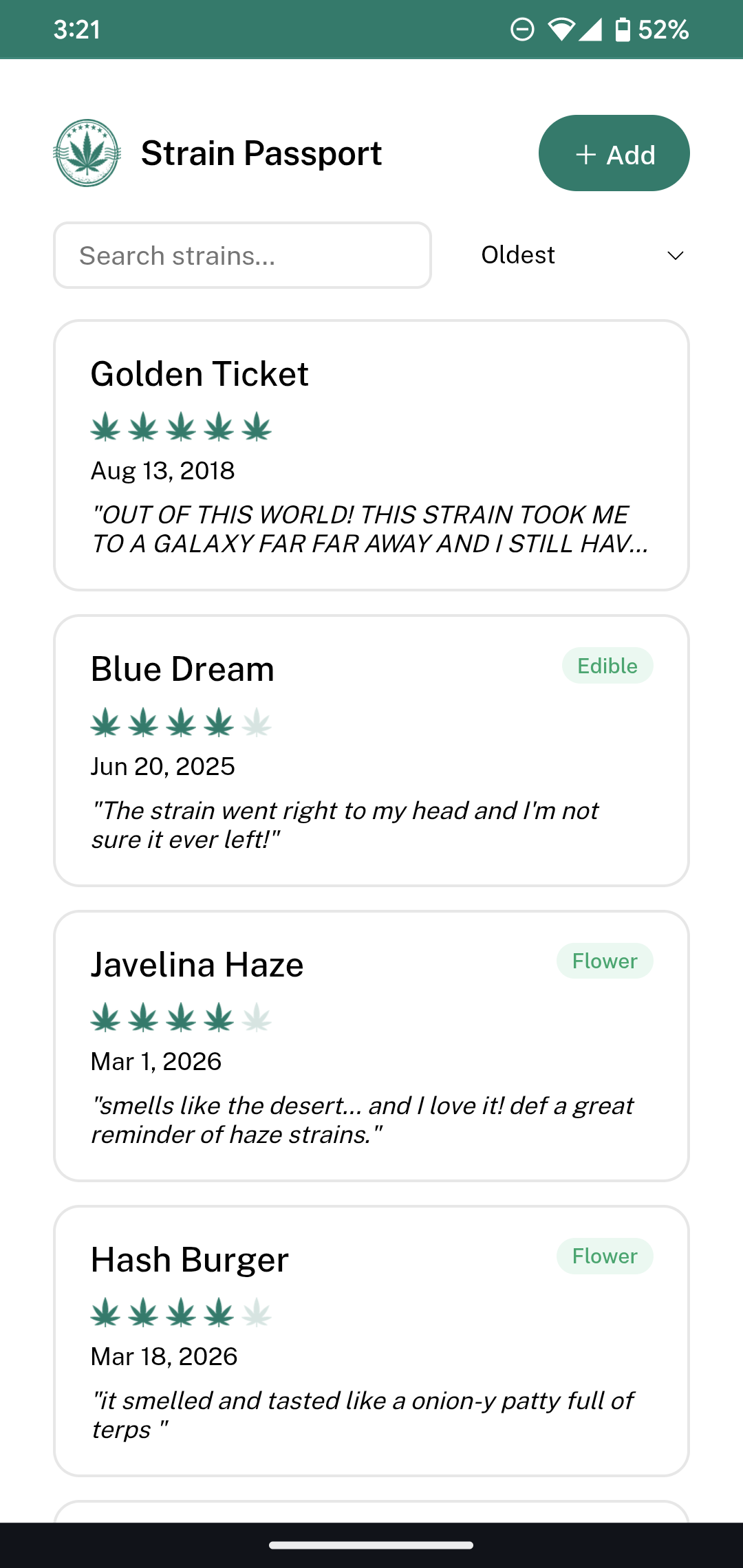 Strain Passport home screen showing logged strains
