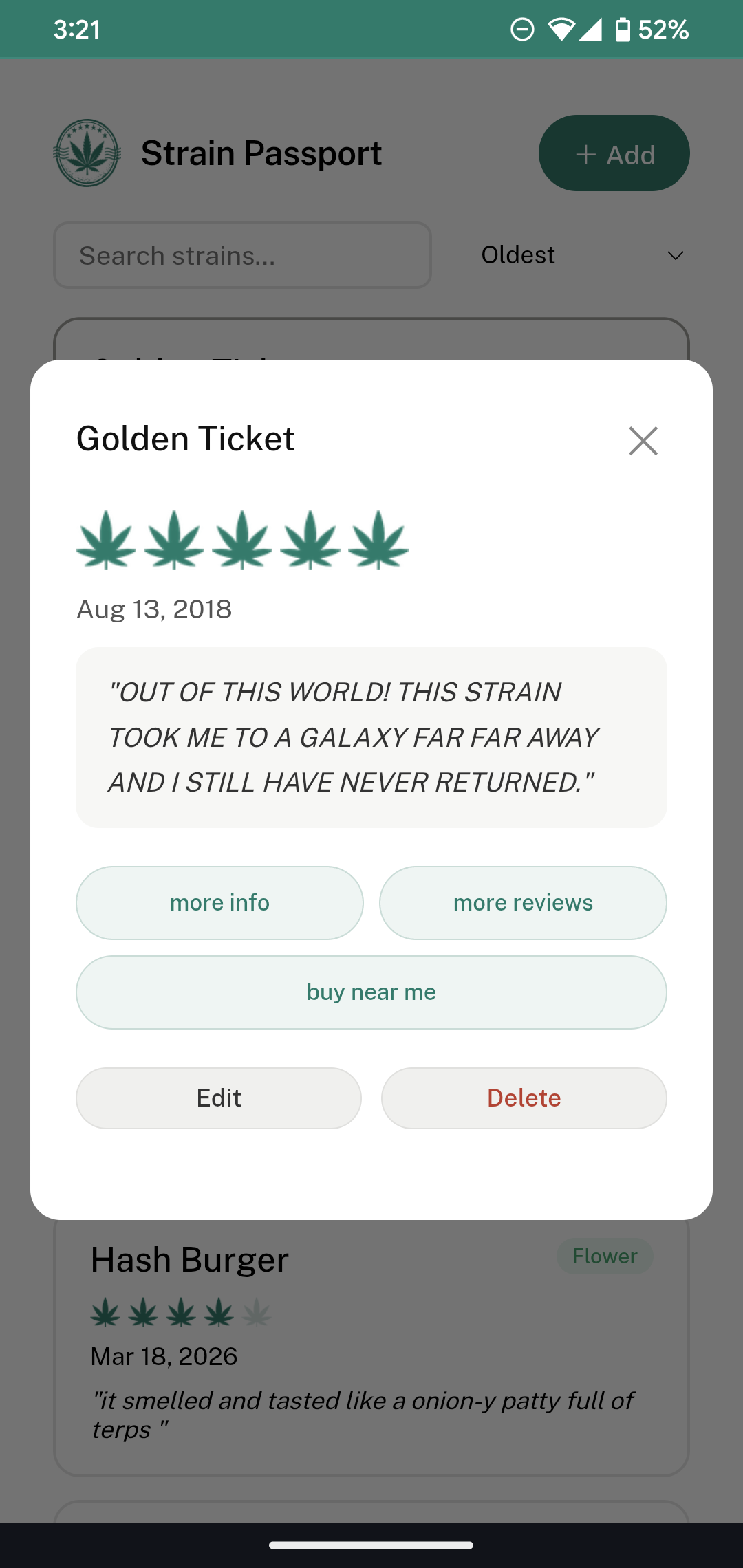 Strain Passport entry detail view