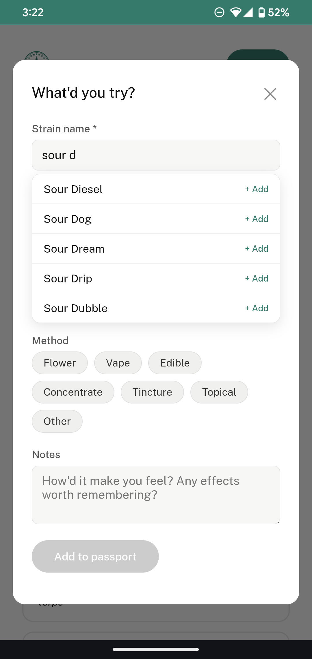 Strain Passport add entry with autocomplete